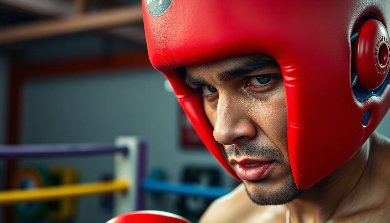 Trainierender Boxer trägt hochwertiges headgear boxing im Fitnessstudio.