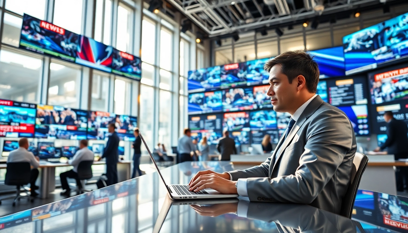 Covering breaking news in a professional newsroom with screens displaying current headlines.