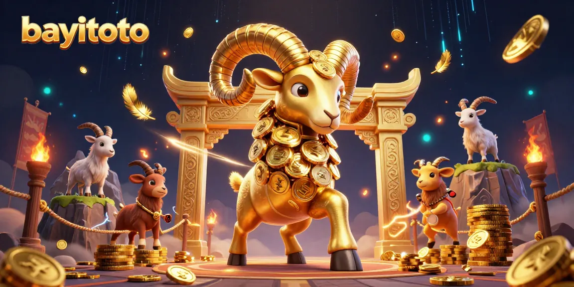 Engage in thrilling bets on bayitoto, featuring a golden ram amidst a vibrant casino arena.