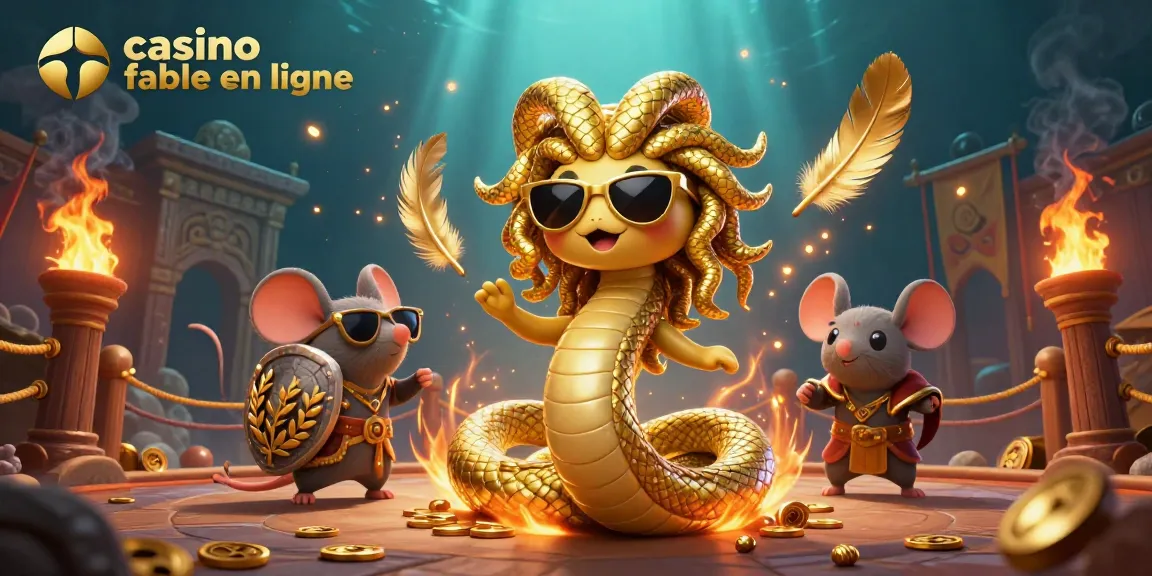 Découvrez l'univers du casino fiable en ligne avec Medusa et un guerrier souris dans une scène captivante.