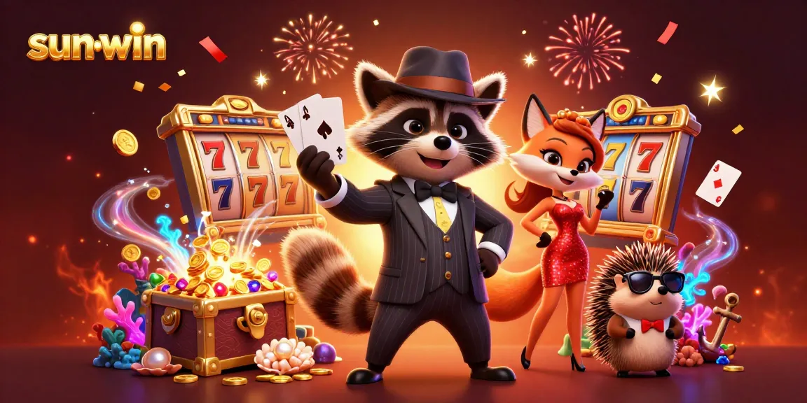 Experience excitement with sun-win as raccoon and fox celebrate their jackpot wins in vibrant casino art.