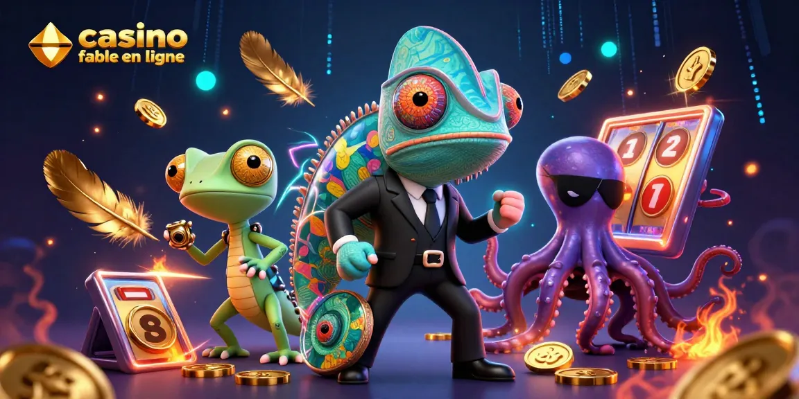Jouez sur un casino fiable en ligne avec des personnages colorés, des jetons d'or et des effets de feu.