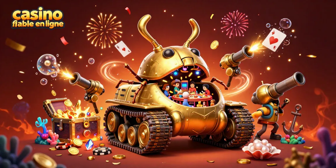 Visitez un casino fiable en ligne avec un tank doré et des jeux animés pour une expérience immersive.