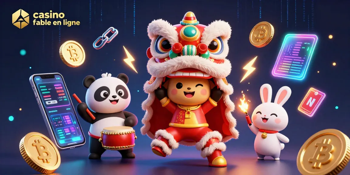 Profitez du jeu sur un casino fiable en ligne avec l'illustration d'une danse de lion et des jeux de cryptomonnaie.