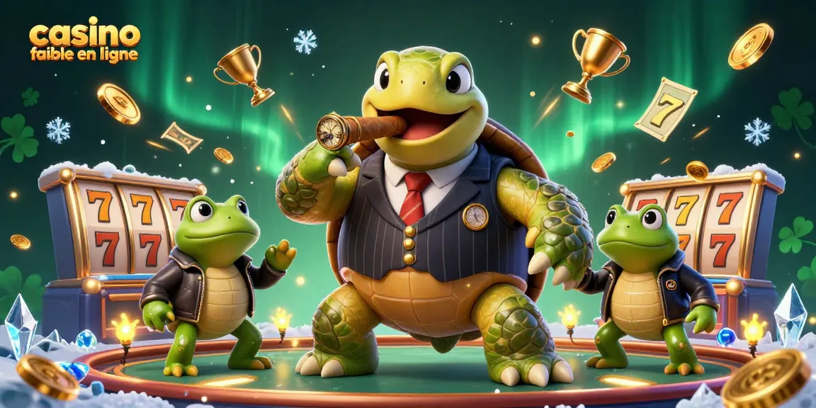 Casino fiable en ligne illustrant un turtle mafieux et des grenouilles, ambiance luxueuse de jeux.