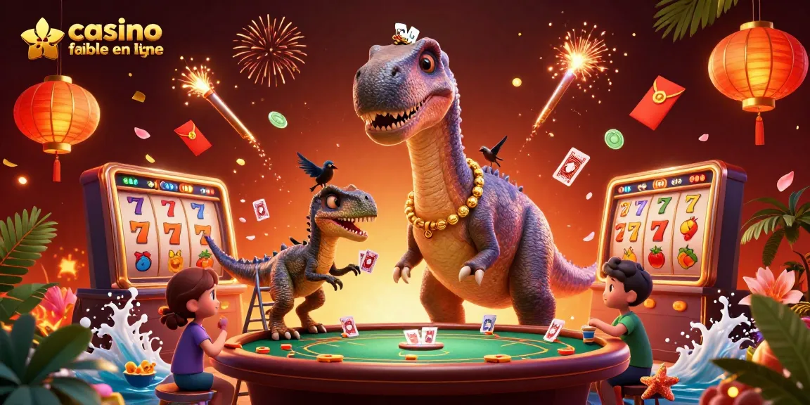 Profitez de l'expérience d'un casino fiable en ligne avec un brontosaurus et un raptor jouant aux cartes sous un ciel détaillé.