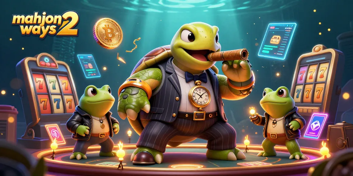 Experience mahjong ways 2 with a vibrant scene of a turtle in a suit, slots, and crypto themes.