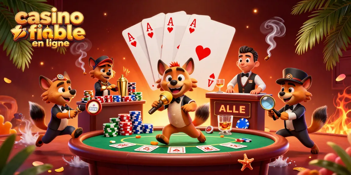 Afficher un casino fiable en ligne avec des hyènes hilarantes animant un club, entourées de tables de poker et de jetons colorés.