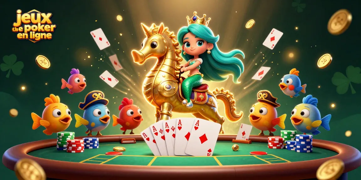 Jouer aux jeux de poker en ligne avec une princesse sirène et des poissons pirates autour d'une table de poker.
