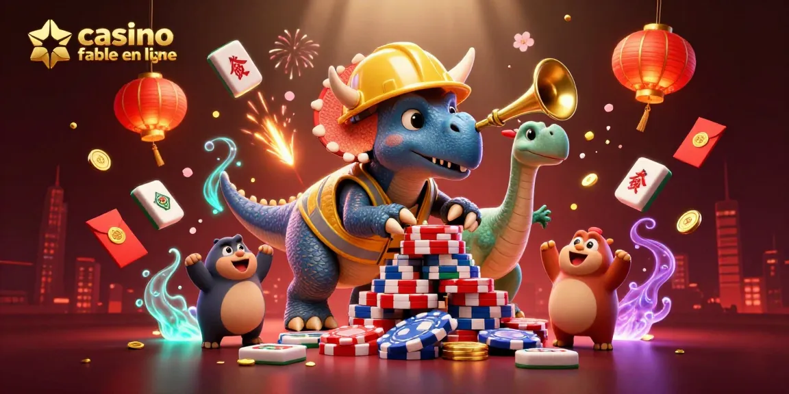 Jouer au casino fiable en ligne avec un triceratops créant une pyramide de jetons de poker dans une scène festive.