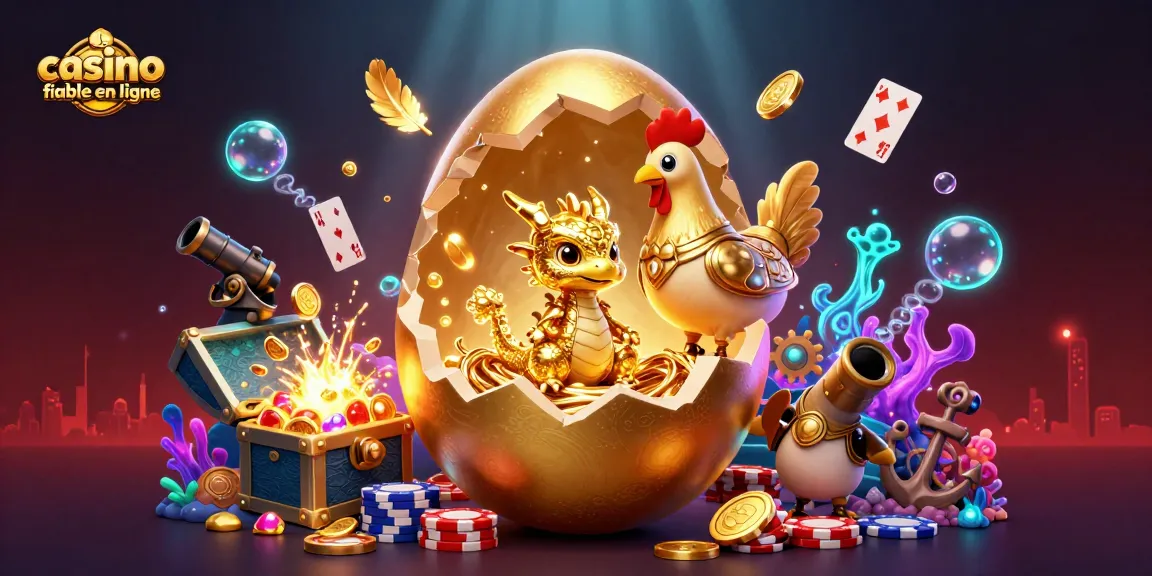 Illustration d'un casino fiable en ligne avec un dragon doré sur un nid de jetons, entouré de trésors et d'éléments de jeu.