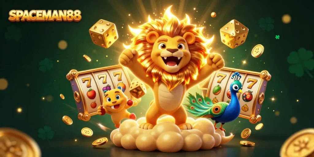 Spin the reels and win at SPACEMAN88 with golden dice and dynamic casino symbols in a 3D illustration.