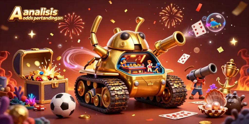 Analyze odds pertandingan with a dynamic casino-themed illustration featuring a sports betting tank.