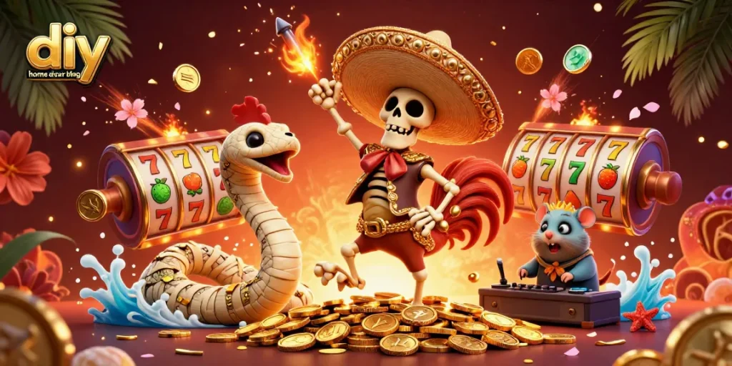 Dynamic victory dance on coins in diy home décor blog scene filled with casino symbols.
