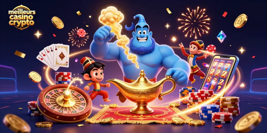 Découvrez les meilleurs casino crypto en jouant avec un génie sortant d'une lampe, des jetons et des pièces d'or.