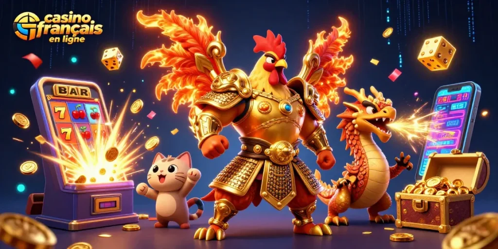 Embarquez sur un casino français en ligne avec un guerrier coq et un dragon, entourés de machines à sous.
