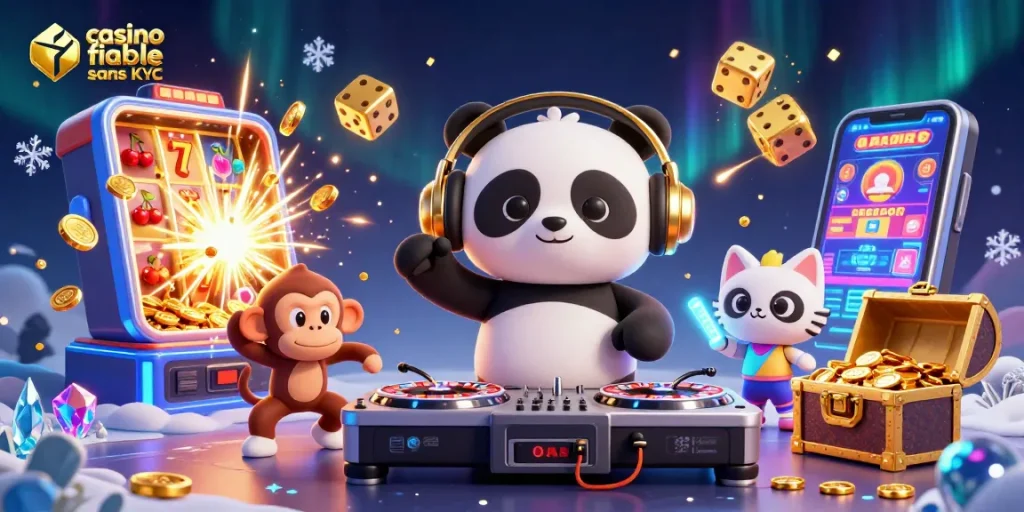 Jouez au casino fiable sans KYC avec un panda DJ, un singe dansant et un chat rave.