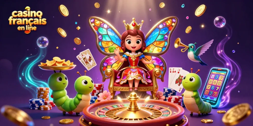 Accédez à l'excitation d'un casino francais en ligne avec une reine papillon au trône coloré et des jetons dorés.