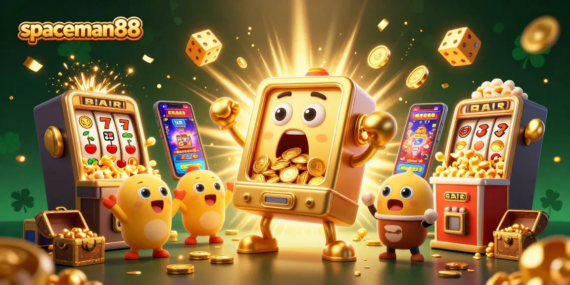Experience the thrill of spaceman88 as the golden slot machine hits a jackpot, bursting with coins and excitement!
