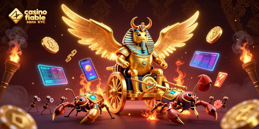 Découvrez un casino fiable sans KYC avec un scarabée doré et des éléments de poker.