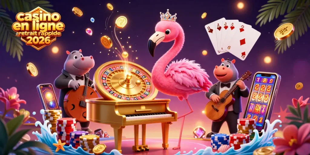 Casino en ligne retrait rapide 2026 : illustration dynamique d'un chanteur flamant et d'un bassiste hippo entourés de pièces et de jeux