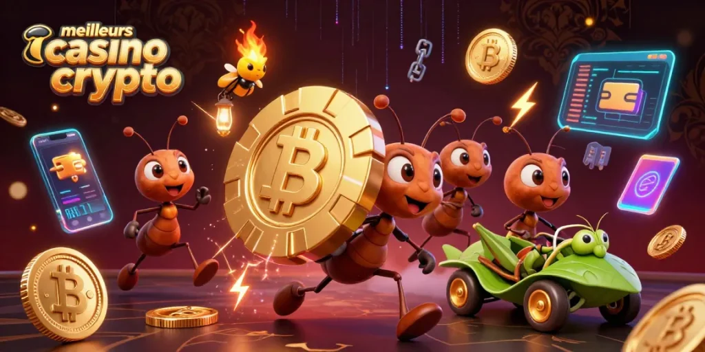 Atteignez de nouveaux sommets avec les meilleurs casinos crypto affichant une illustration dynamique d'insectes en mission.