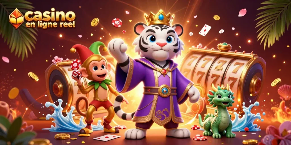 Jouez au casino en ligne réel avec un tigre majestueux et un singe jonglant autour de machines à sous.