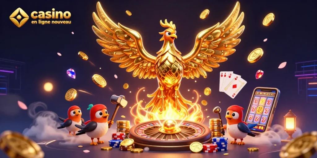 Casino en ligne nouveau: un phénix doré émerge, entouré de jetons et de cartes.