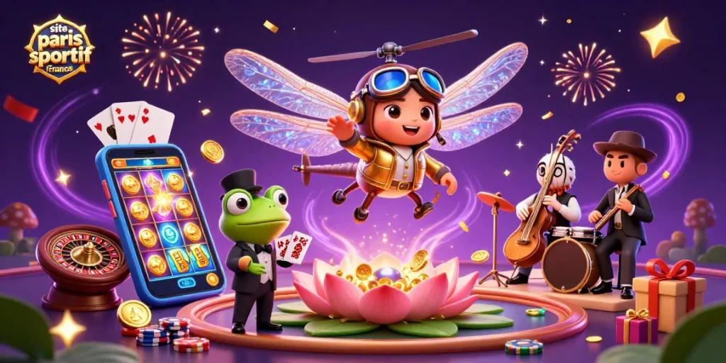 Faites vos paris sur le site paris sportif France avec ce pilote libellule et le croupier grenouille.