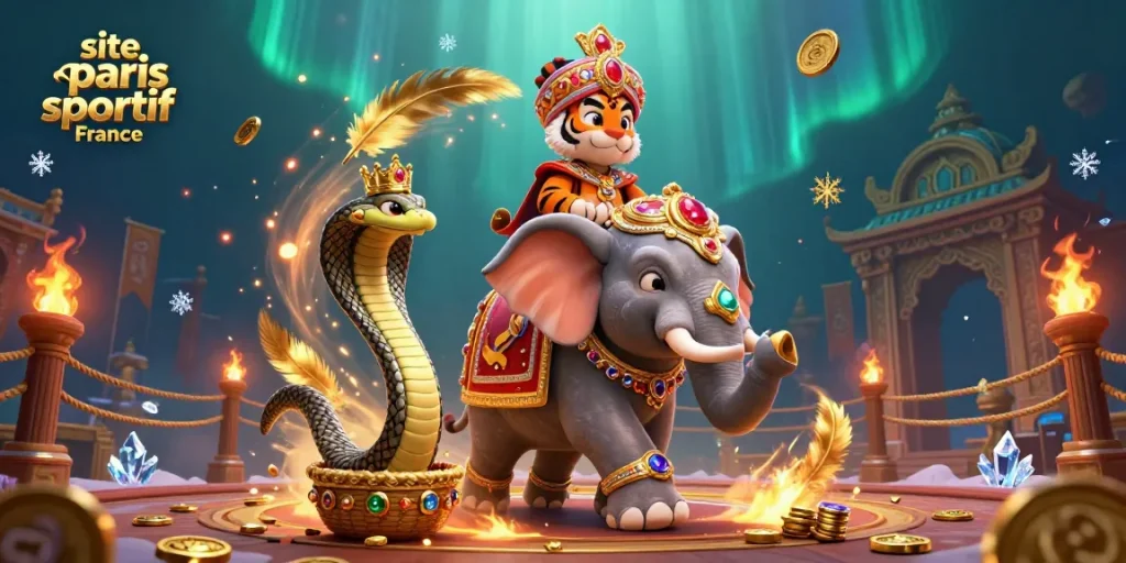 Pariez sur site paris sportif France avec une scène de casino colorée remplie d'éléphants et de pièces d'or.